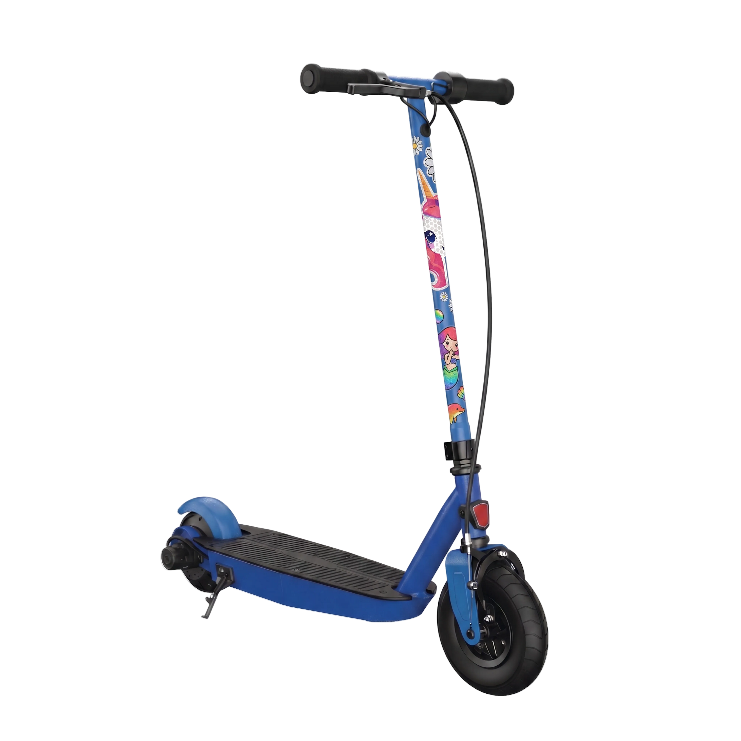 Blue scooter with colorful handlebar design on a white background