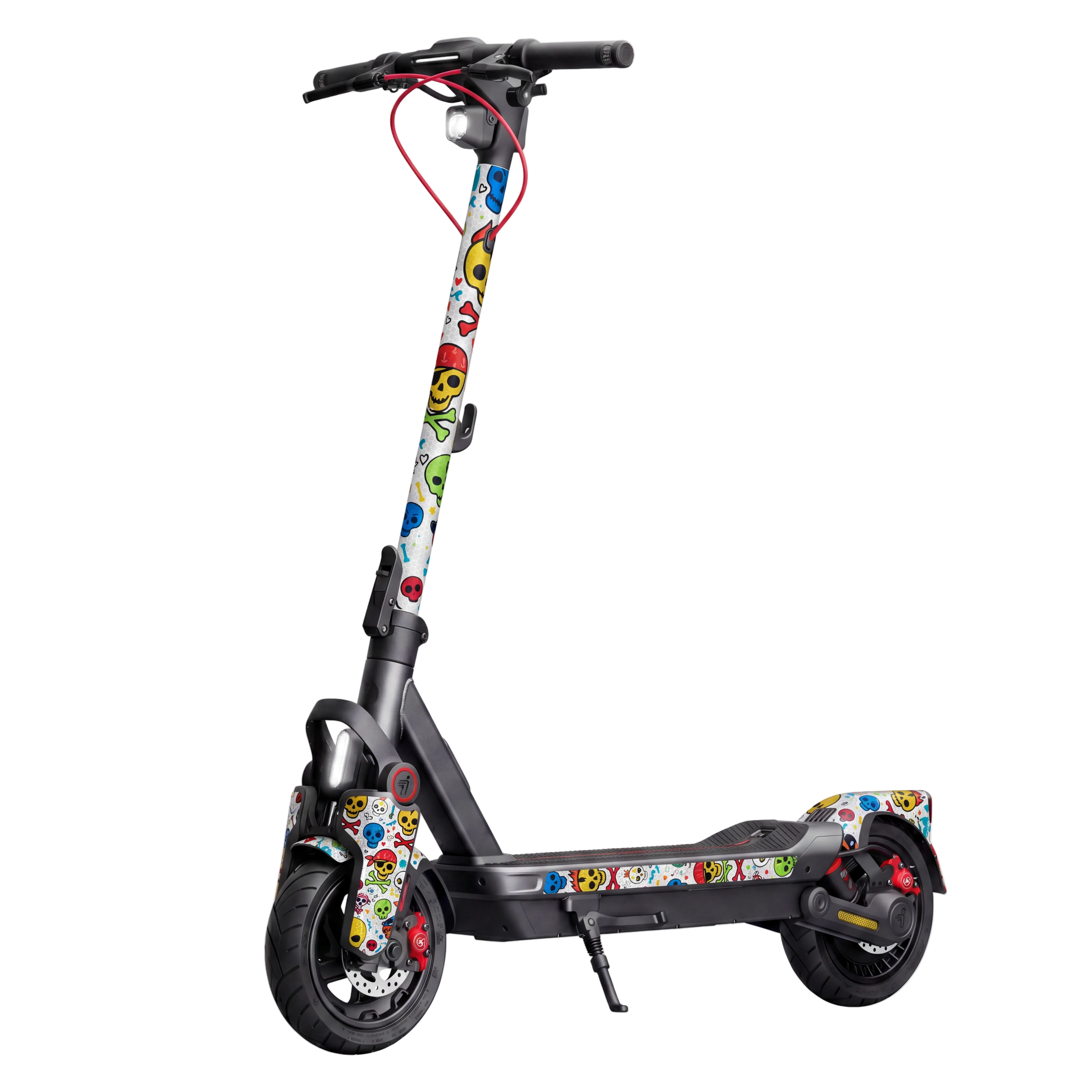 Children's scooter with colorful skull design on a white background