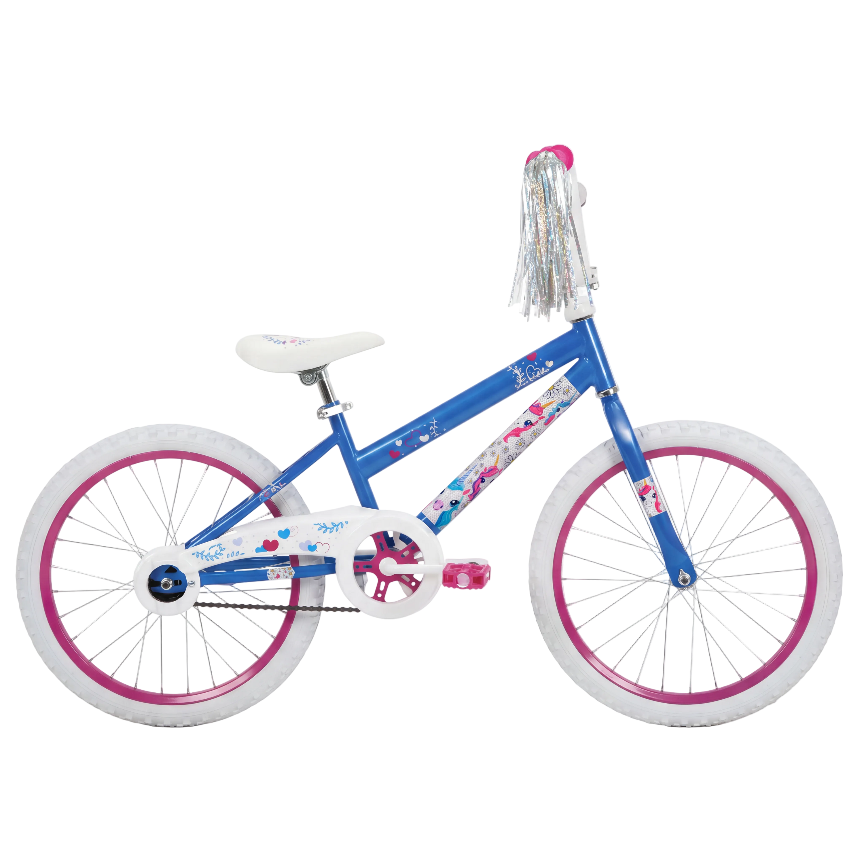 Children's bicycle with blue frame and pink accents on a white background