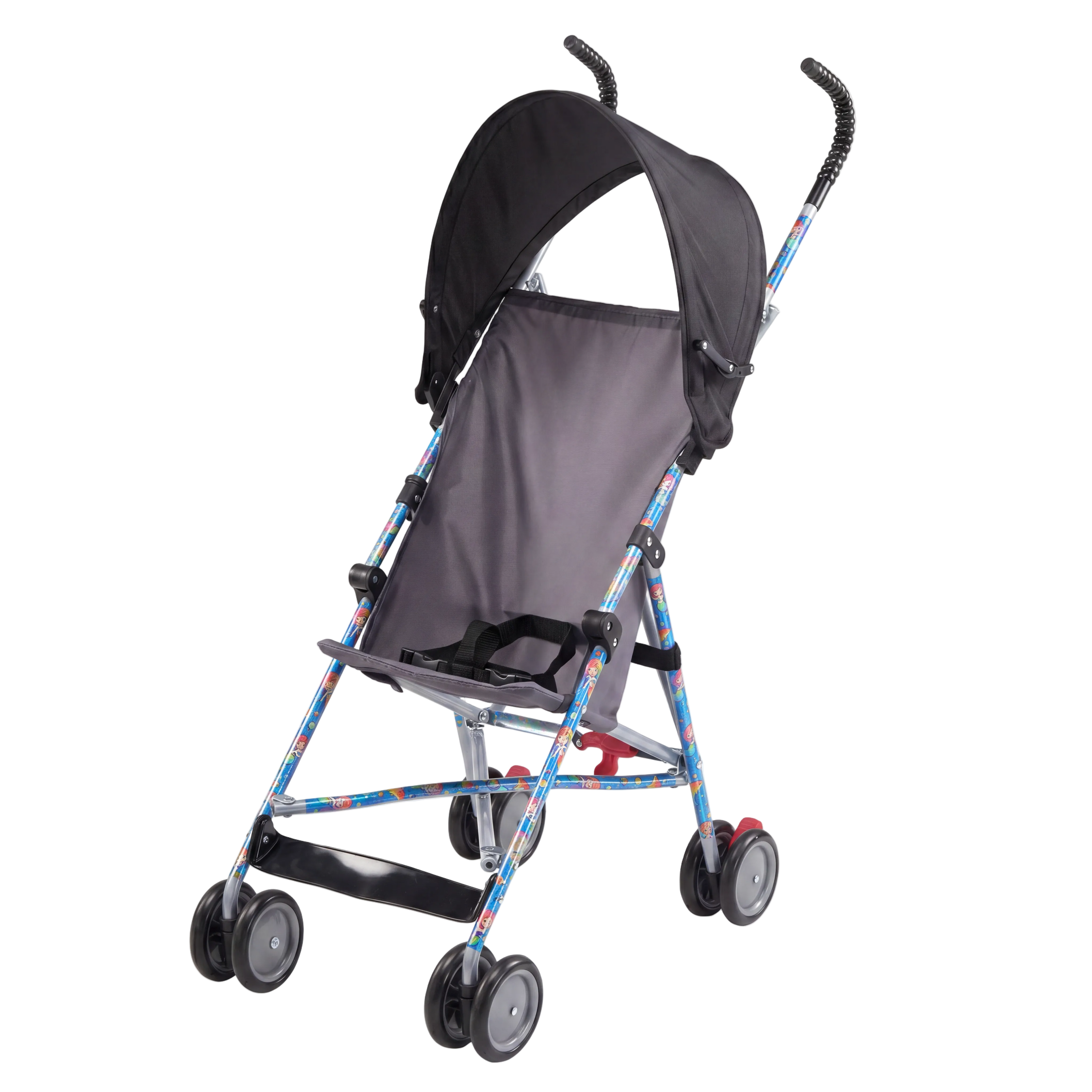 Gray stroller with colorful frame on a white background