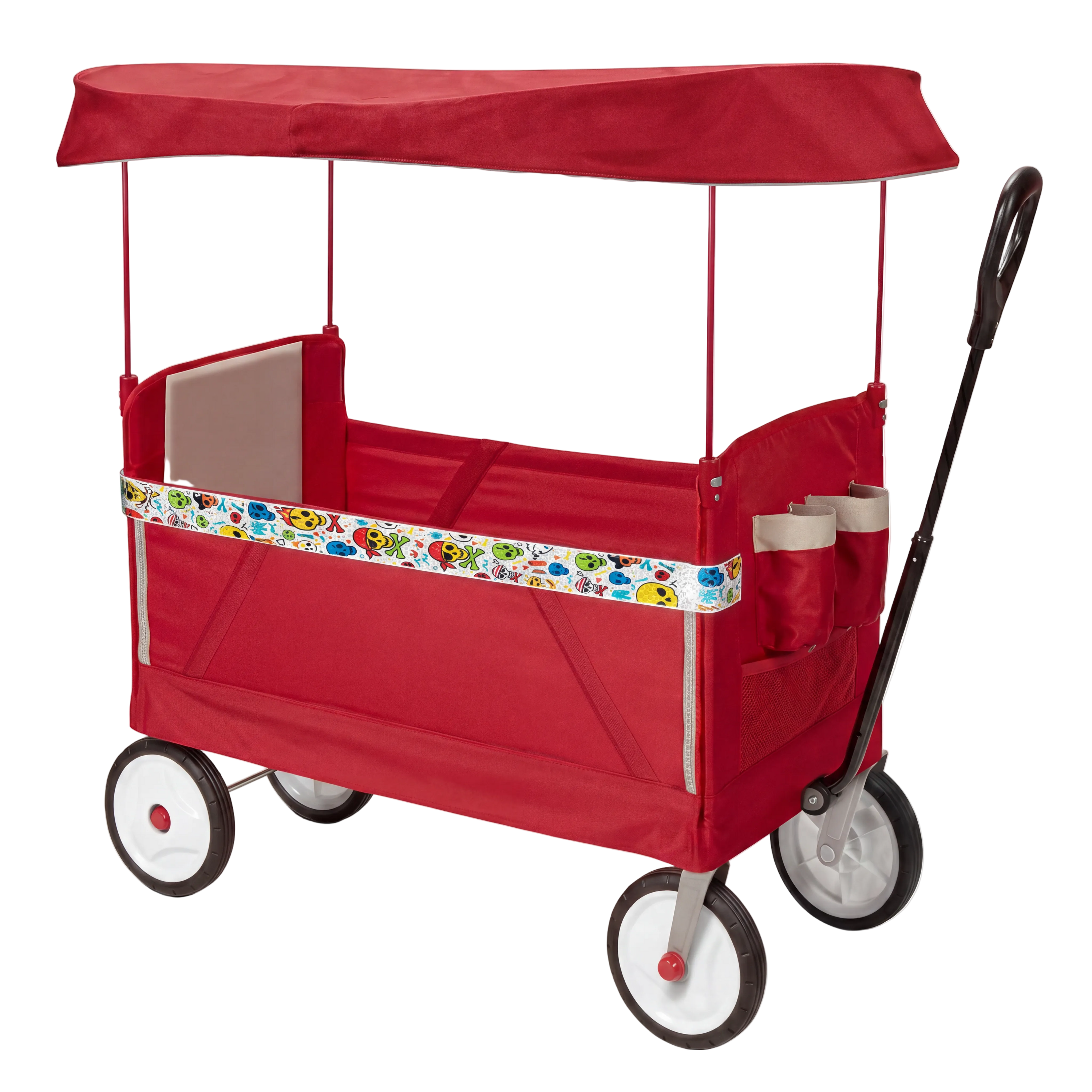Red children's wagon with a colorful band around the middle on a white background