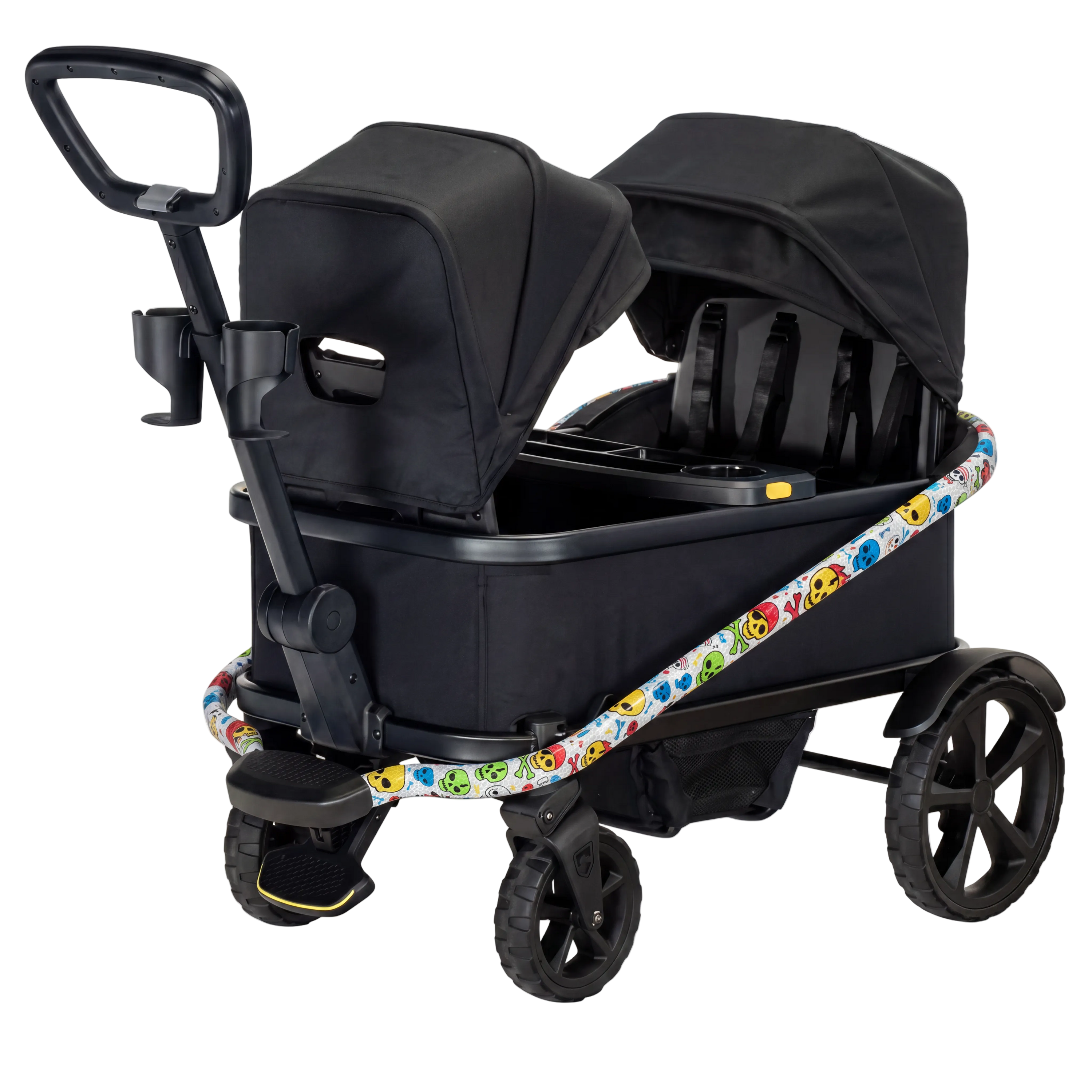 Black double stroller with canopy on a white background