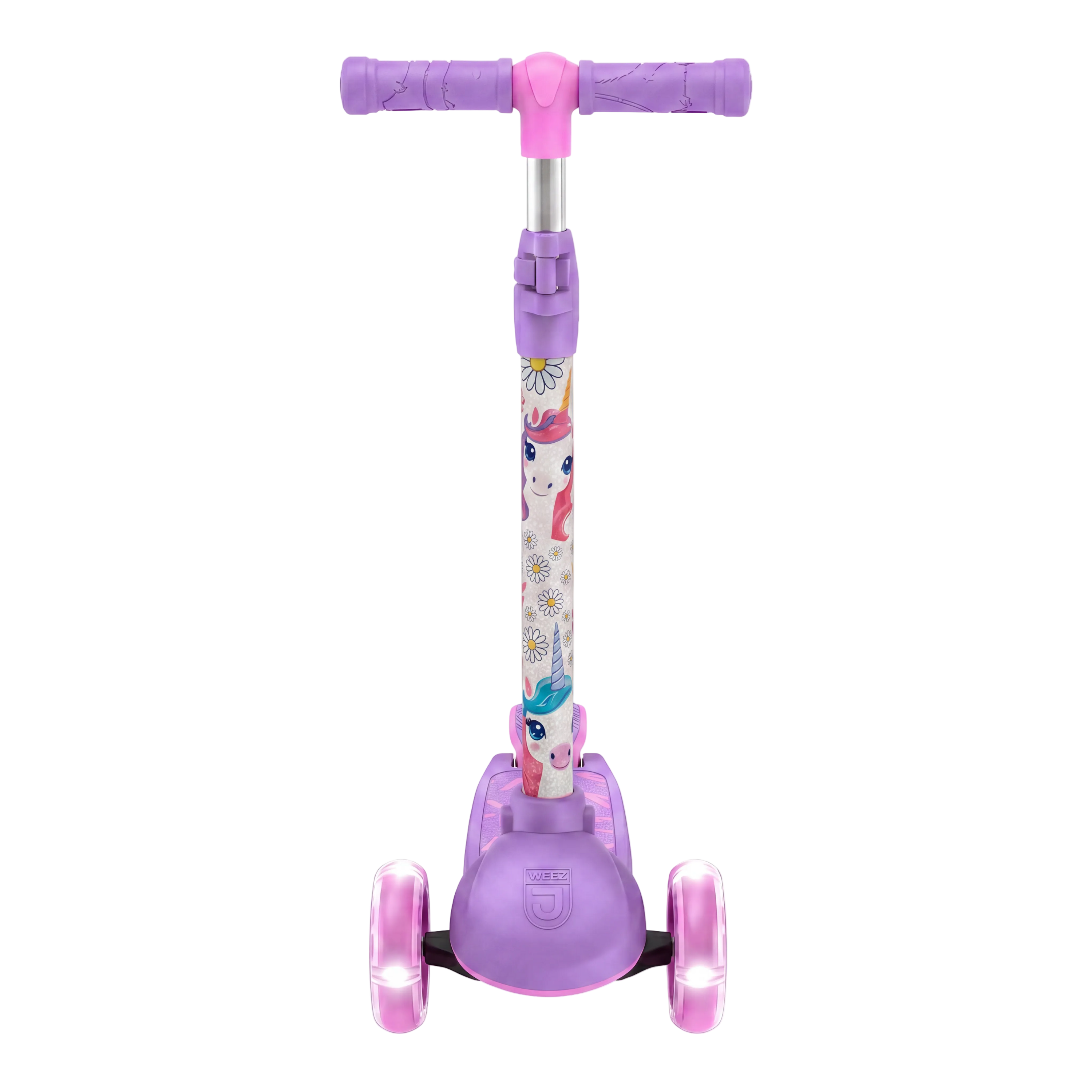 Purple children's scooter with cartoon character design on a white background