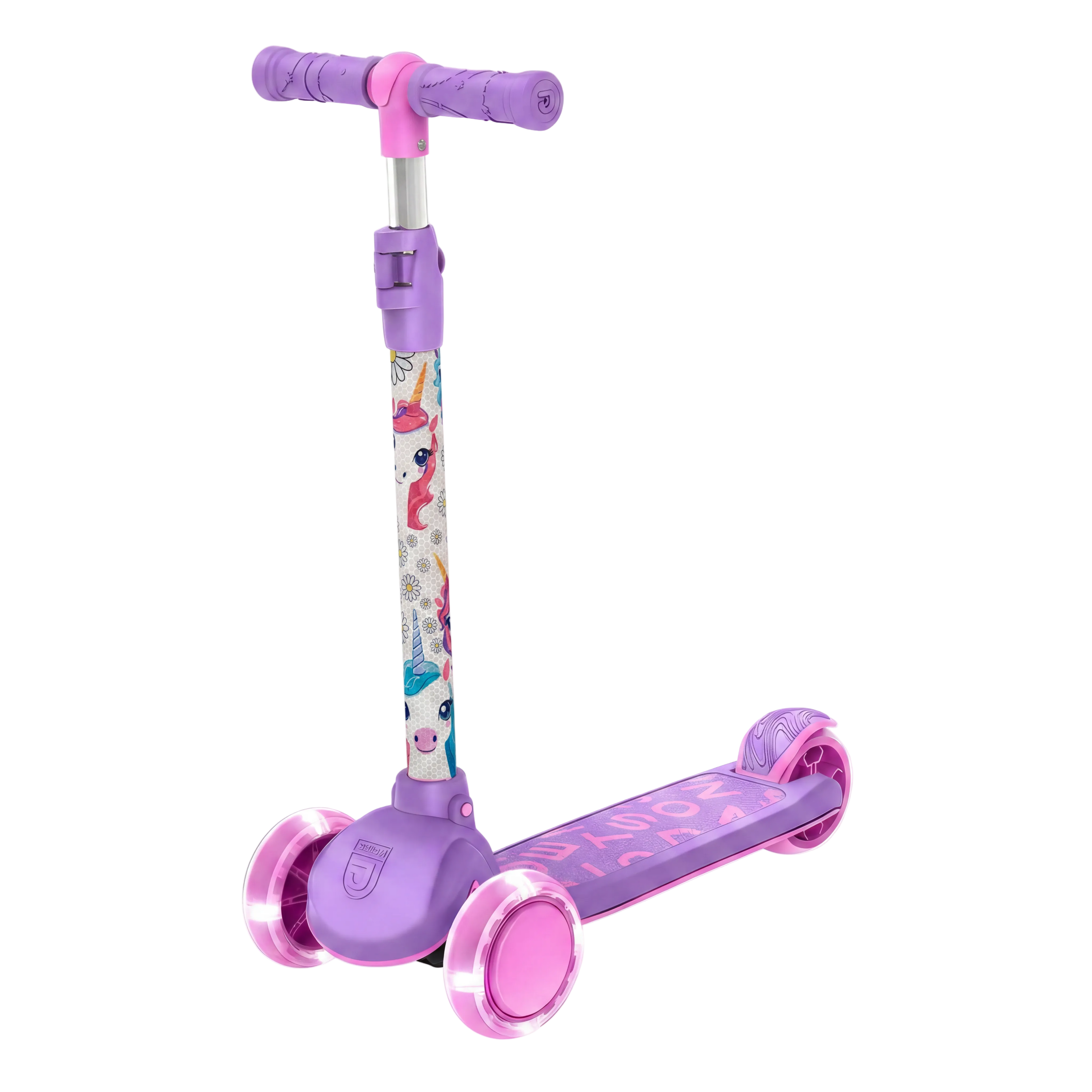 Children's scooter with purple and pink handlebar and wheels on a white background