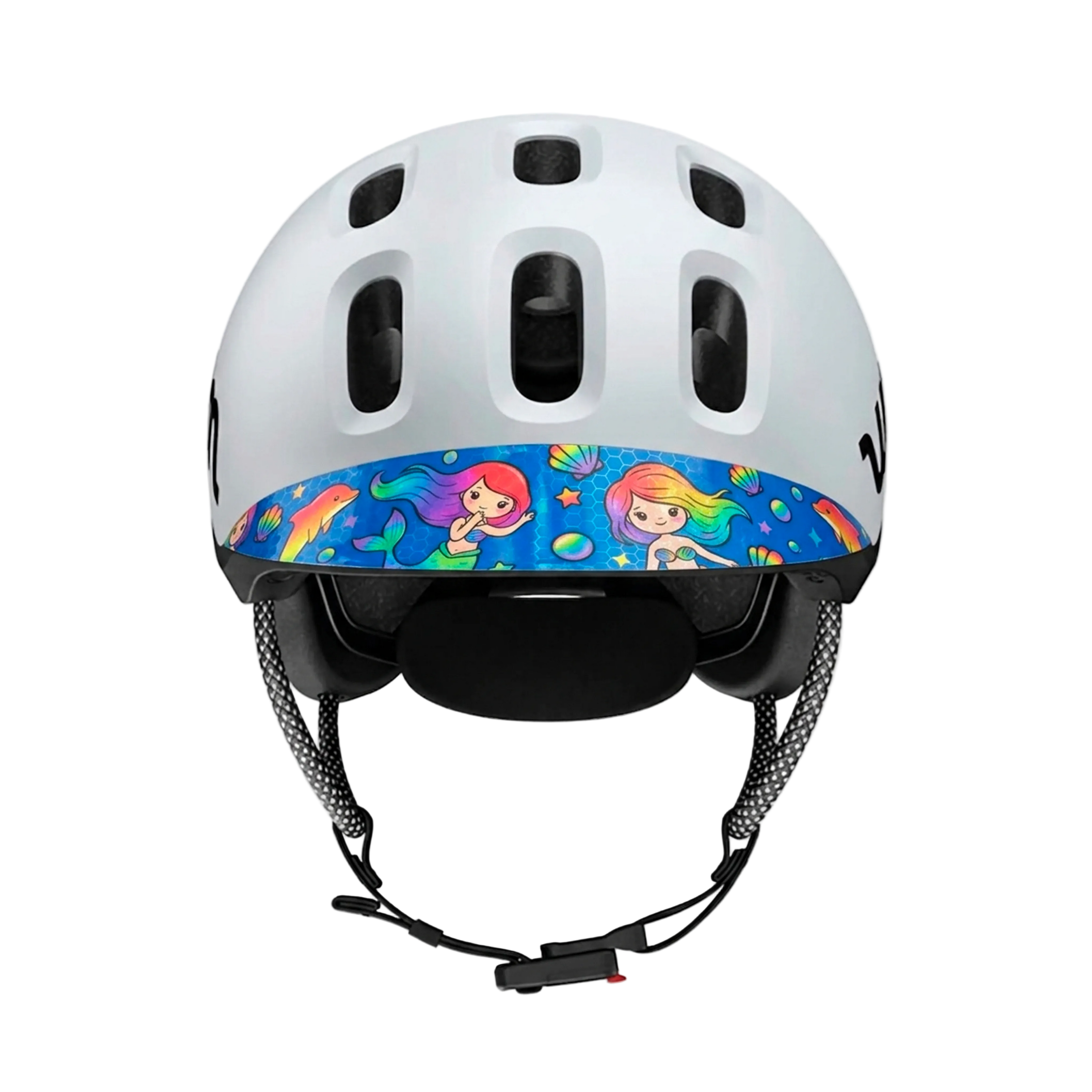 Children's helmet with colorful mermaid design on a white background