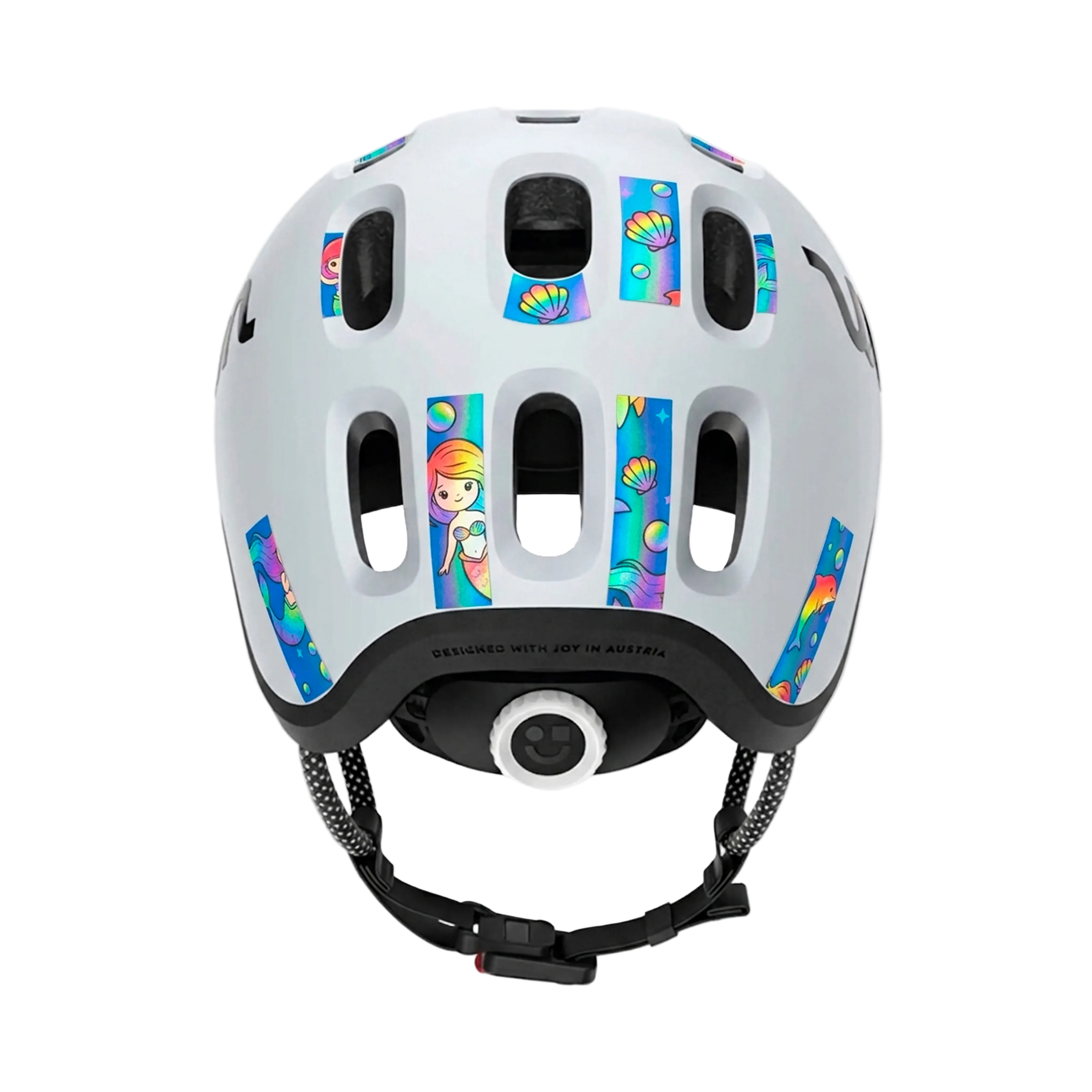 Children's helmet with colorful tie-dye design on a white background