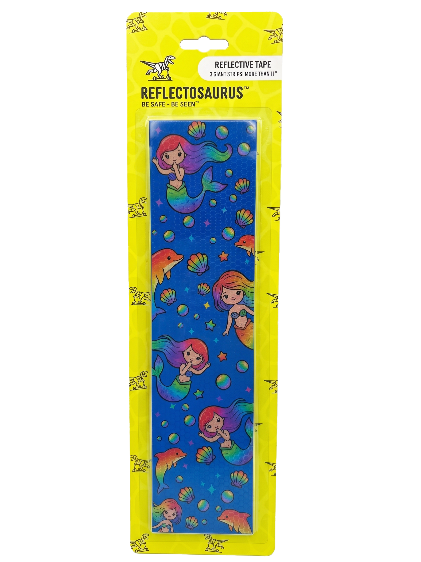 Reflective tape packaging with mermaid design on a yellow background