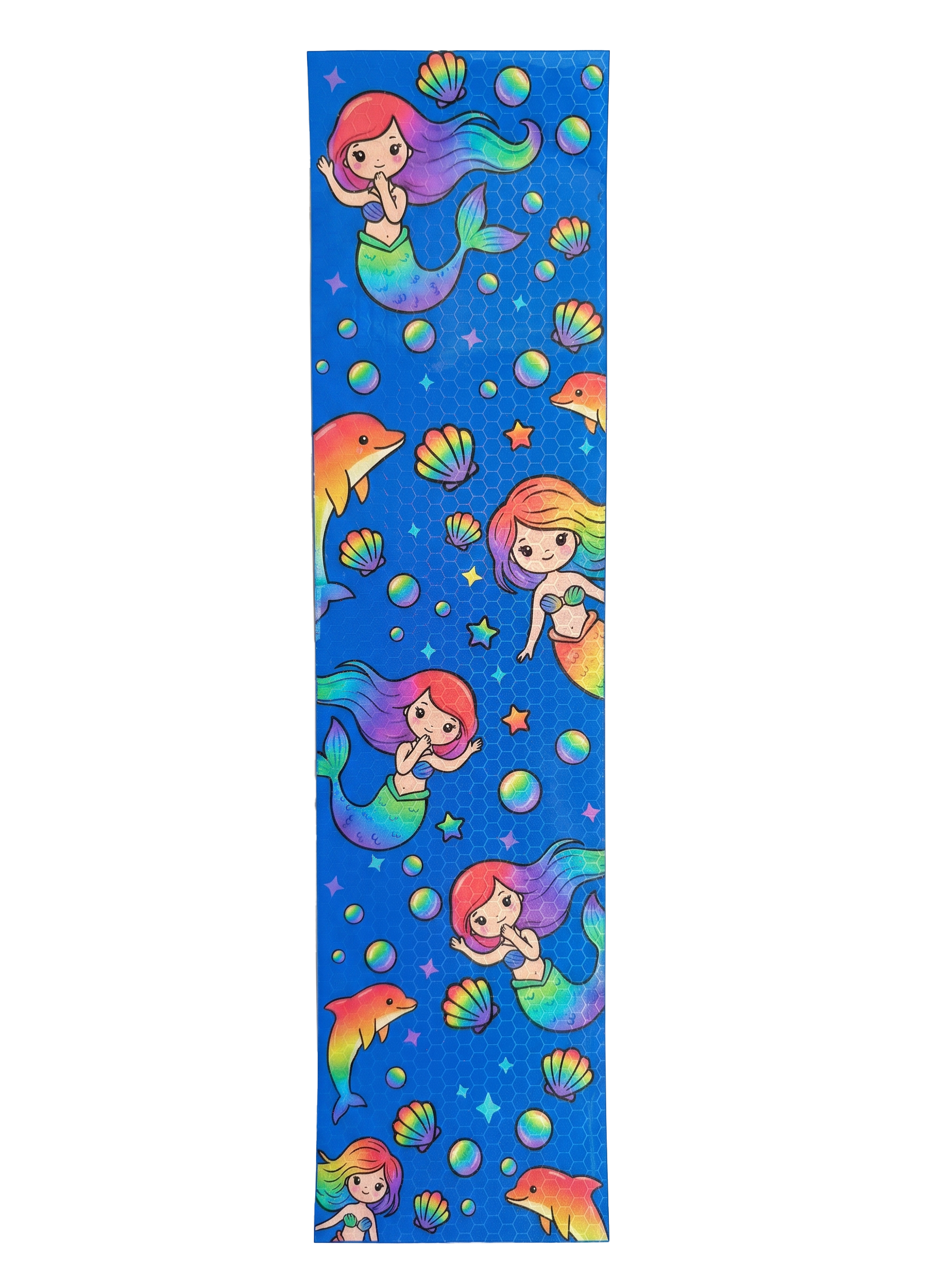 Glossy sticker with mermaid and dolphin designs on a blue background
