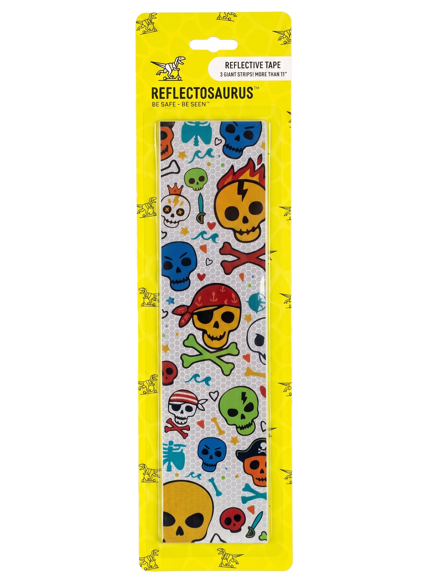 Packaged reflective tape with colorful skull and crossbones design on a yellow background