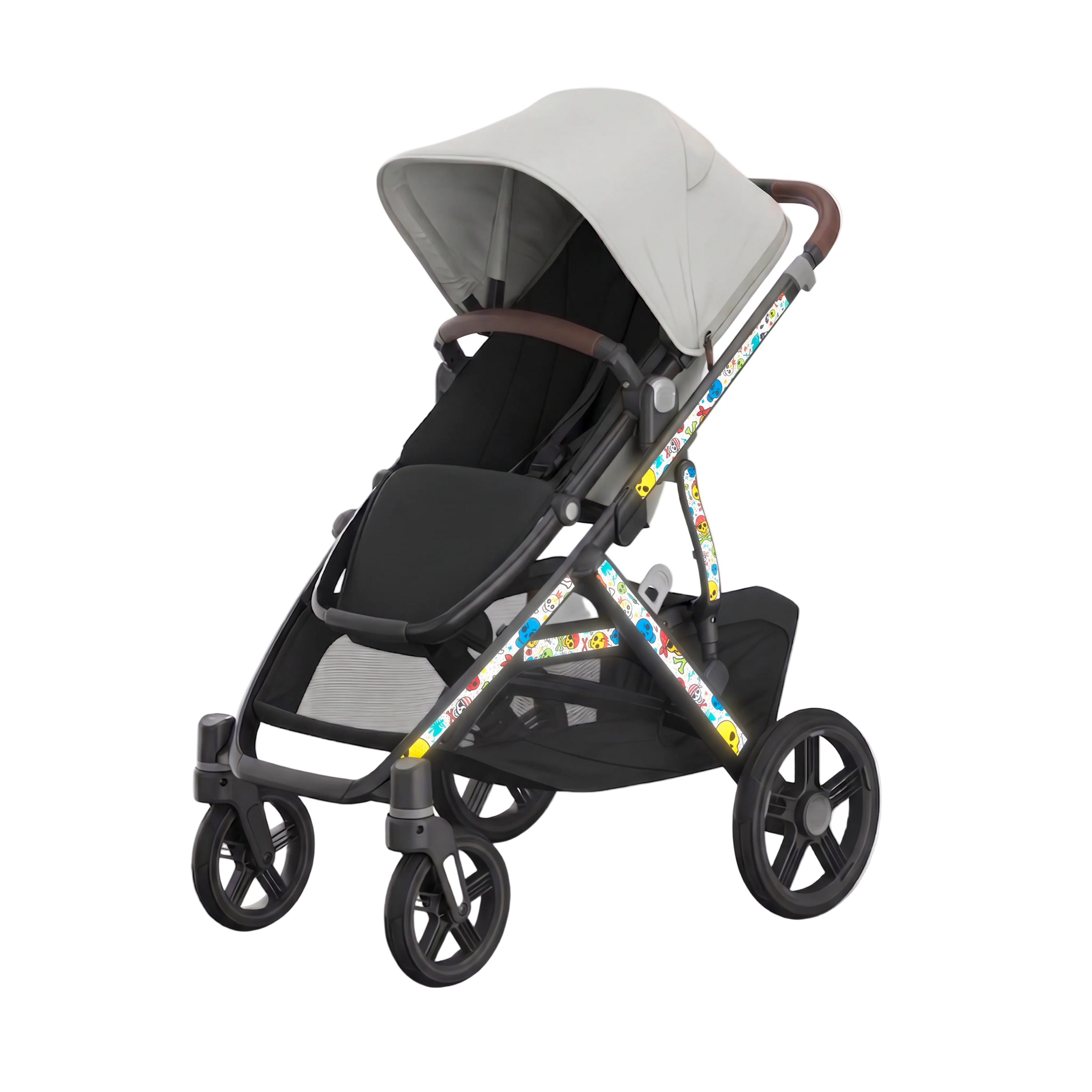 Black stroller with floral accents on a white background